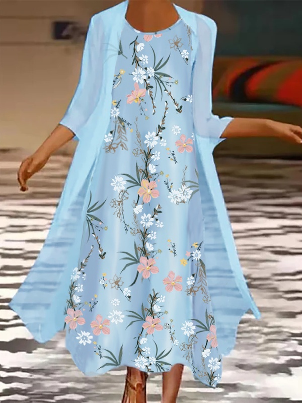 Floral Printed Round Neck Long Casual Sky Blue Dress Two Piece Set