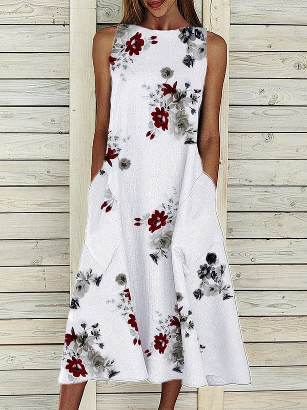 Floral Printed Sleeveless Cotton Blend Shift White Casual Dress