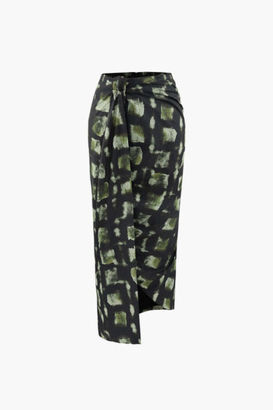 Printed Knot Front Wrap Midi Skirt