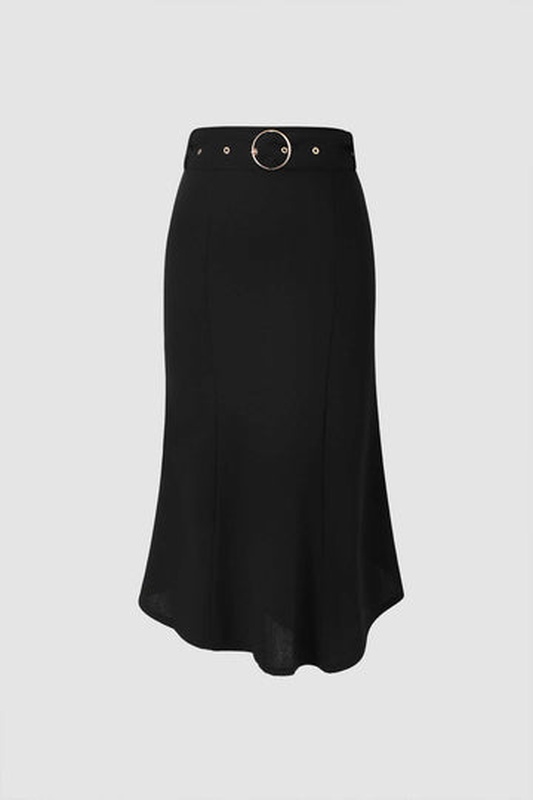 Asymmetric Hem Midi Skirt With Belt