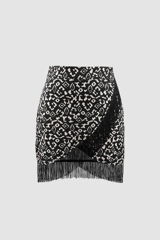 Printed Fringe Hem Wrap Mini Skirt