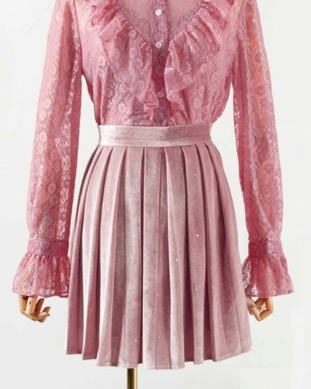 Pink Glittery Velvet Pleated Skirt IU
