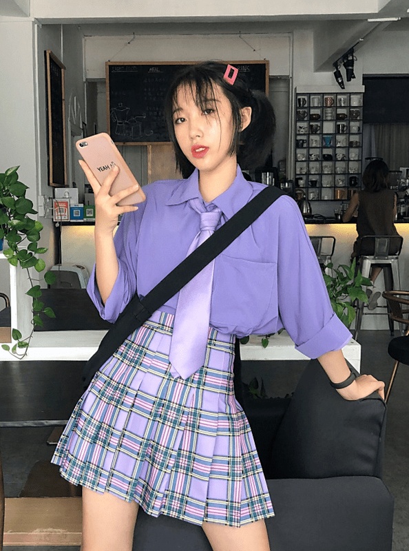 Lilac Plaid Pleated Skirt Gowon Loona