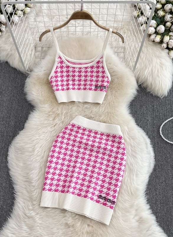 Pink Houndstooth Pattern Top And Skirt Set Nayeon Twice