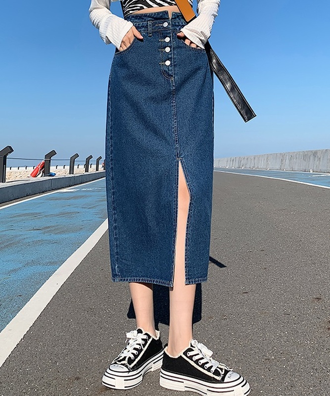 Navy Blue Front Slit Denim Skirt Chung Ha
