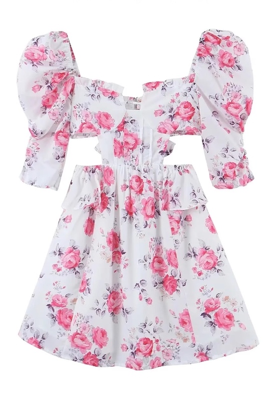 White And Pink Hollow Waist Floral Dress Sana Twice