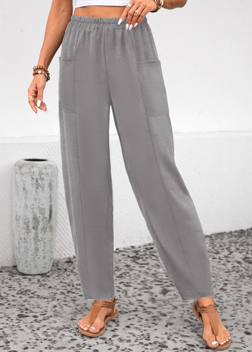 Pocket Light Grey Elastic Waist High Waisted Pants